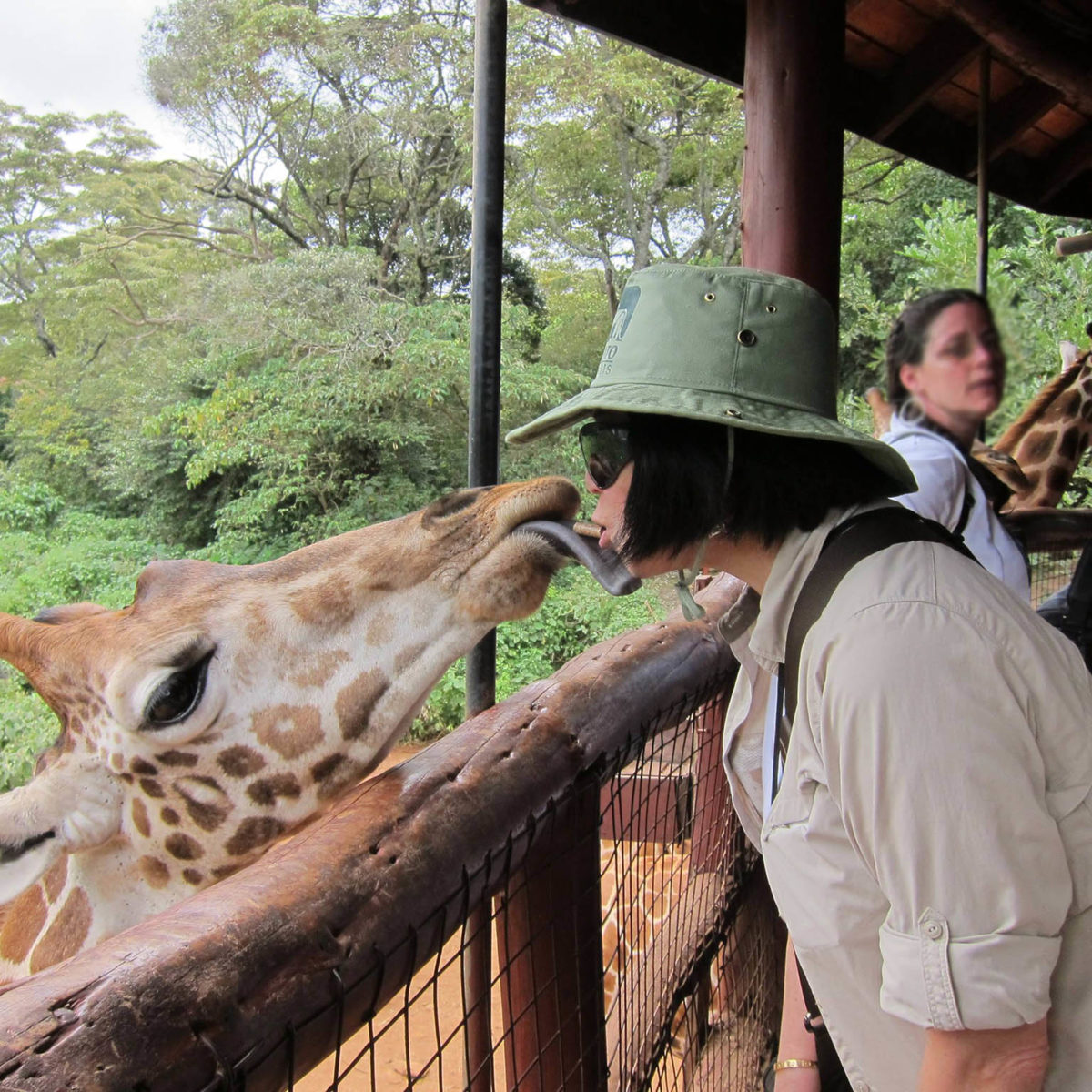 Lisa Yang with a giraffe.