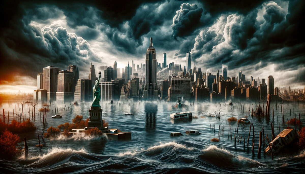 Generated image of New York City being swamped by rising sea levels.