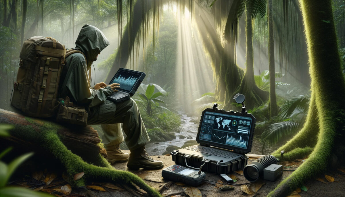 AI rendering of a journalist using technology in the rainforest.