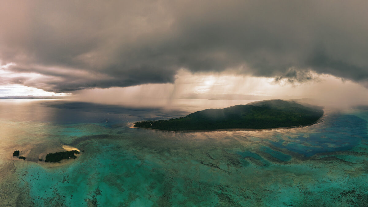 Rain over a tropical island in the South Pacific in April 2025.